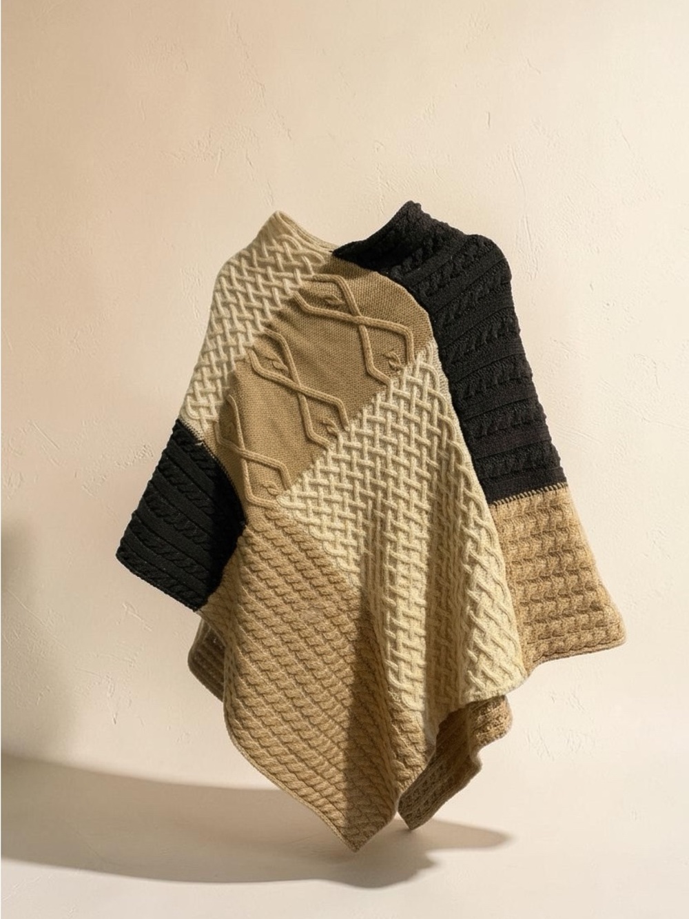Coco + Carmen Knit Colorblock Poncho in Black, Cream & Tan